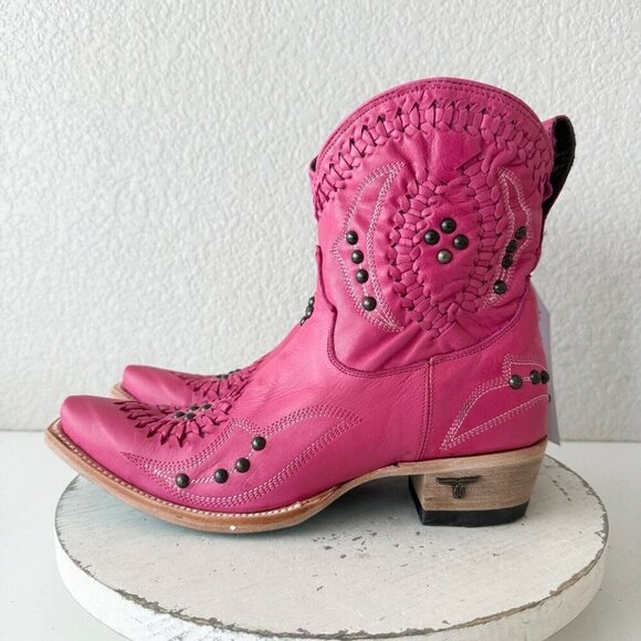 Lane COSSETTE Womens Cowboy Booties 8 Western Cowgirl Short Boots Pink Leather - Picture 5 of 13